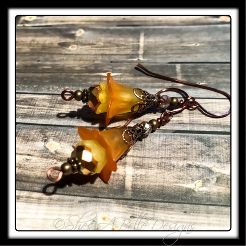 Orange Blossom Fairy Flower Drop Earrings in Antique Copper, Lucite Flower Earrings Orange Blossom Fairy Flower Drop Earrings in Antique Copper, Lucite Flower Earrings