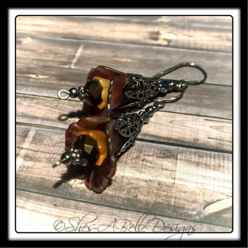 Autumn Fairy Flower Drop Earrings in Gunmetal, Lucite Flower Earrings Autumn Fairy Flower Drop Earrings in Gunmetal, Lucite Flower Earrings