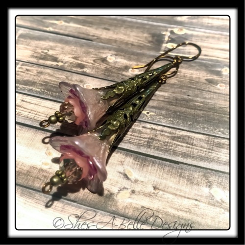 Canterbury Bell Fairy Flower Trumpet Earrings in Antique Bronze, Lucite Flower Earrings Canterbury Bell Fairy Flower Trumpet Earrings in Antique Bronze, Lucite Flower Earrings