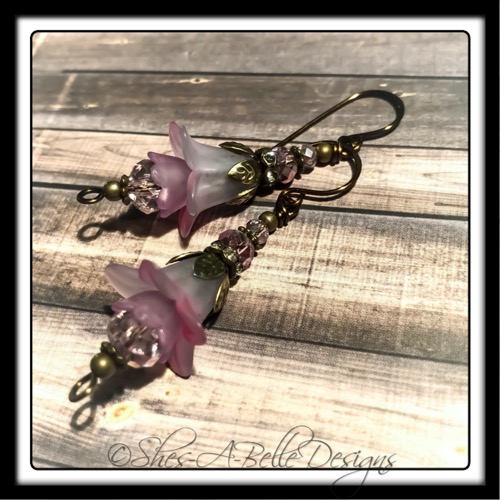 French Lilac Fairy Flower Drop Earrings in Antique Bronze, Lucite Flower Earrings French Lilac Fairy Flower Drop Earrings in Antique Bronze, Lucite Flower Earrings