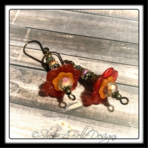 Fiery Sunset Fairy Flower Drop Earrings in Antique Bronze, Lucite Flower Earrings Fiery Sunset Fairy Flower Drop Earrings in Antique Bronze, Lucite Flower Earrings