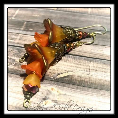 Autumn Fairy Flower Trumpet Trail Earrings in Antique Bronze, Lucite Flower Earrings Autumn Fairy Flower Trumpet Trail Earrings in Antique Bronze, Lucite Flower Earrings