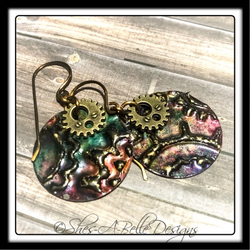 Gearhead Embossed Steampunk Earrings in Colorized Metal, Steampunk Style Gearhead Embossed Steampunk Earrings in Colorized Metal, Steampunk Style