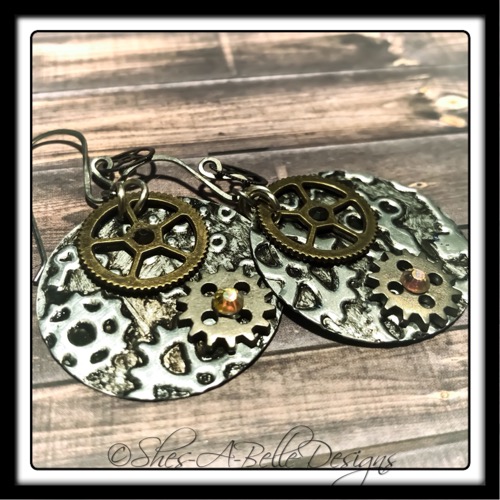 Gearhead Embossed Steampunk Earrings in Mixed Metals, Steampunk Style Gearhead Embossed Steampunk Earrings in Mixed Metals, Steampunk Style