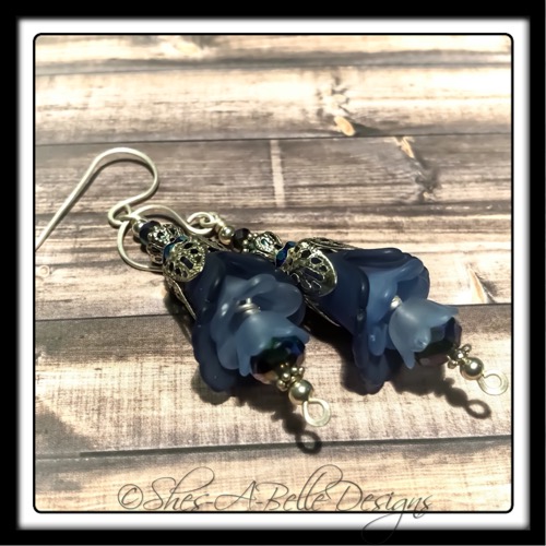 Blueberry Fairy Flower Drop Earrings in Antique Silver, Lucite Flower Earrings Blueberry Fairy Flower Drop Earrings in Antique Silver, Lucite Flower Earrings