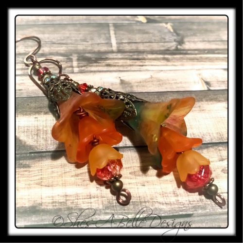 Orange Blossom Fairy Flower Trumpet Trail Earrings in Antique Copper, Lucite Flower Earrings Orange Blossom Fairy Flower Trumpet Trail Earrings in Antique Copper, Lucite Flower Earrings