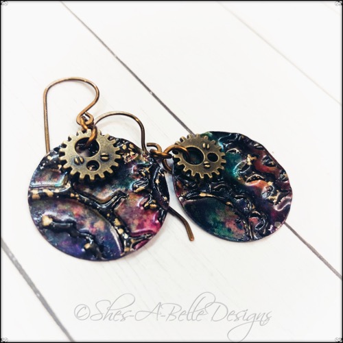 Gearhead Embossed Steampunk Earrings in Colorized Metal, Steampunk Style Gearhead Embossed Steampunk Earrings in Colorized Metal, Steampunk Style