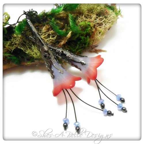 Twilight Fairy Flower Trumpet Cascade Earrings in Gunmetal, Lucite Flower Earrings Twilight Fairy Flower Trumpet Cascade Earrings in Gunmetal, Lucite Flower Earrings