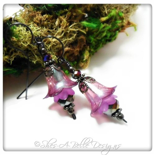 Canterbury Bell Fairy Flower Drop Earrings in Gunmetal, Lucite Flower Earrings Canterbury Bell Fairy Flower Drop Earrings in Gunmetal, Lucite Flower Earrings
