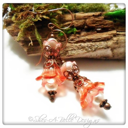 Cherry Blossom Fairy Flower Crystal Double Drop Earrings in Antique Copper, Lucite Flower Earrings Cherry Blossom Fairy Flower Crystal Double Drop Earrings in Antique Copper, Lucite Flower Earrings