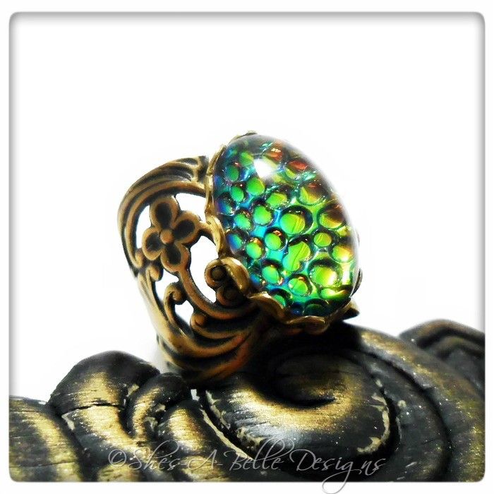 Dragon Scales Victorian Ring in Antique Bronze, Adjustable, Vintage Stone Dragon Scales Victorian Ring in Antique Bronze, Adjustable, Vintage Stone