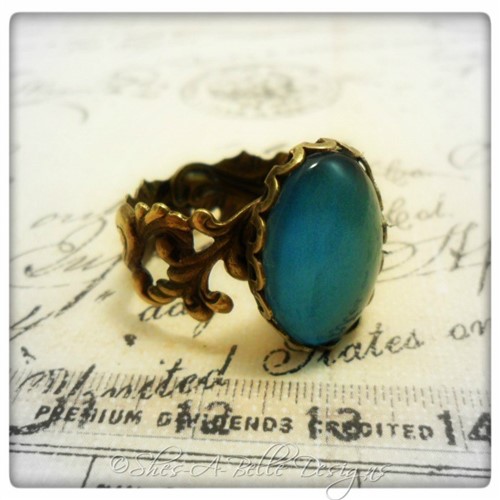 Emerald City Ring in Antique Bronze, Handpainted Stone, Adjustable Emerald City Ring in Antique Bronze, Handpainted Stone, Adjustable