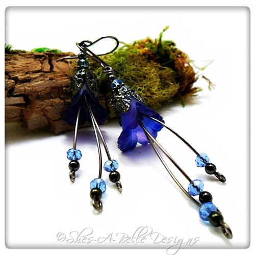 Forget-Me-Not Fairy Flower Cascade Earrings in Gunmetal, Lucite Flower Earrings Forget-Me-Not Fairy Flower Cascade Earrings in Gunmetal, Lucite Flower Earrings