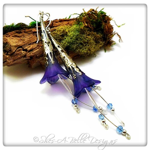 Forget-Me-Not Fairy Flower Trumpet Cascade Earrings in Antique Silver, Lucite Flower Earrings Forget-Me-Not Fairy Flower Trumpet Cascade Earrings in Antique Silver, Lucite Flower Earrings