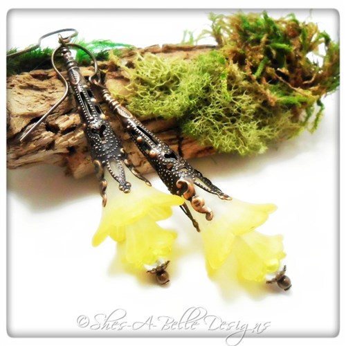 Lemon Drop Fairy Flower Trumpet Drop Earrings in Antique Copper, Lucite Flower Earrings Lemon Drop Fairy Flower Trumpet Drop Earrings in Antique Copper, Lucite Flower Earrings