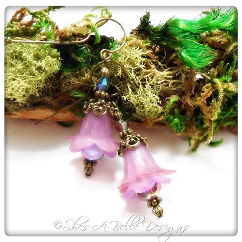 French Lilac Fairy Flower Drop Earrings in Antique Bronze, Lucite Flower Earrings French Lilac Fairy Flower Drop Earrings in Antique Bronze, Lucite Flower Earrings