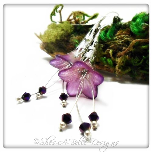 French Lilac Fairy Flower Trumpet Cascade Earrings in Silver, Lucite Flower Earrings French Lilac Fairy Flower Trumpet Cascade Earrings in Silver, Lucite Flower Earrings
