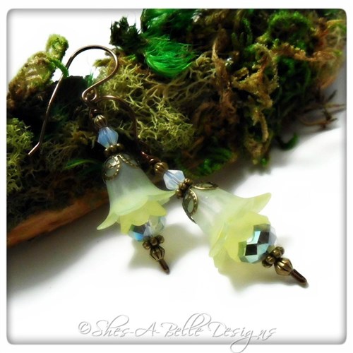 Lime Tree Fairy Flower Drop Earrings in Antique Bronze, Lucite Flower Earrings Lime Tree Fairy Flower Drop Earrings in Antique Bronze, Lucite Flower Earrings