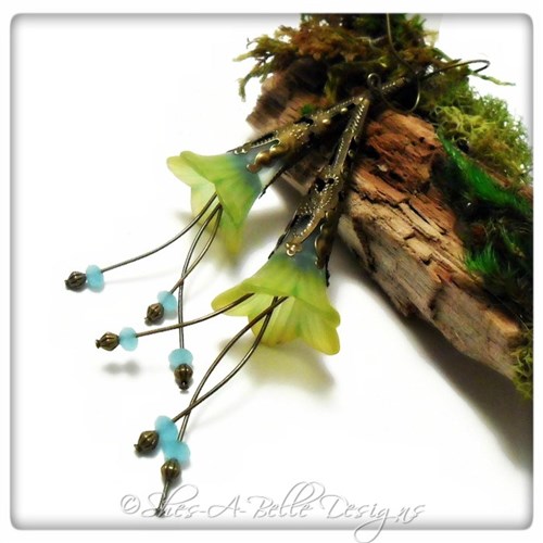 Lime Tree Fairy Flower Trumpet Cascade Earrings in Antique Bronze, Lucite Flower Earrings Lime Tree Fairy Flower Trumpet Cascade Earrings in Antique Bronze, Lucite Flower Earrings