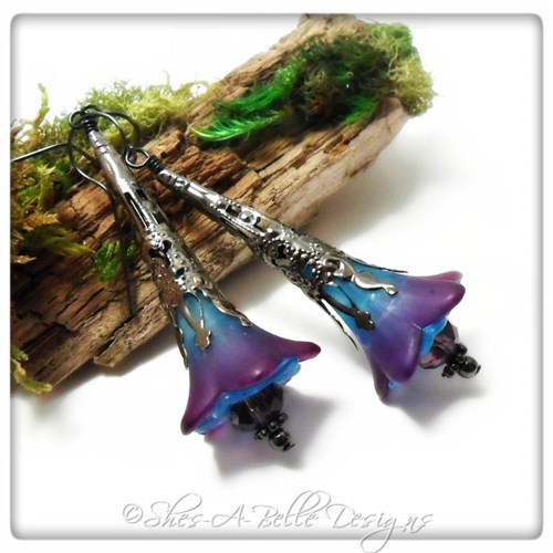 Morning Glory Fairy Flower Trumpet Earrings in Gunmetal, Lucite Flower Earrings Morning Glory Fairy Flower Trumpet Earrings in Gunmetal, Lucite Flower Earrings