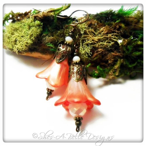 Wild Peony Fairy Flower Trumpet Drop Earrings in Antique Bronze, Lucite Flower Earrings Wild Peony Fairy Flower Trumpet Drop Earrings in Antique Bronze, Lucite Flower Earrings