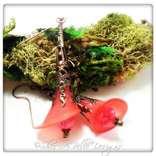 Wild Peony Fairy Flower Trumpet Earrings in Antique Copper, Lucite Flower Earrings Wild Peony Fairy Flower Trumpet Earrings in Antique Copper, Lucite Flower Earrings