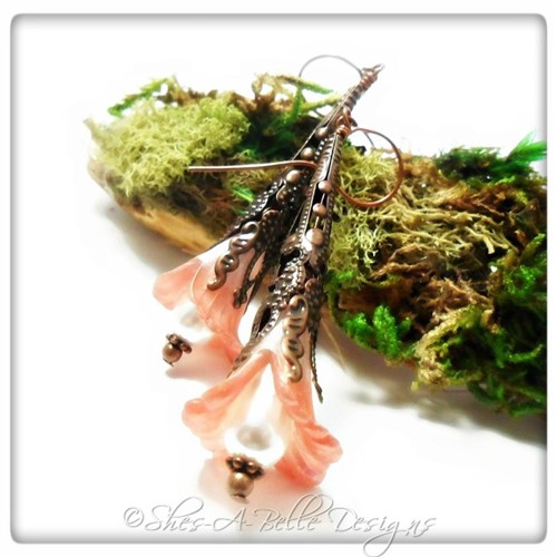 Wild Rose Fairy Flower Trumpet Earrings in Antique Copper, Lucite Flower Earrings Wild Rose Fairy Flower Trumpet Earrings in Antique Copper, Lucite Flower Earrings