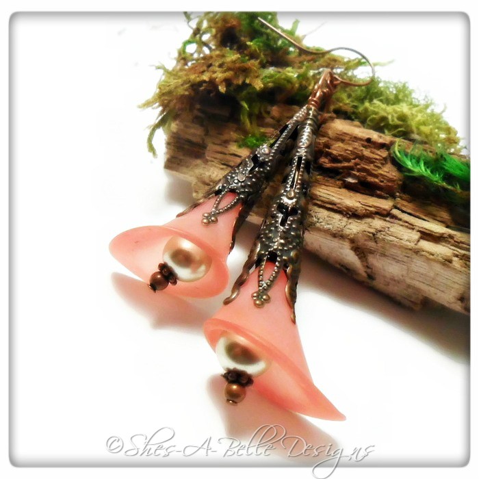 Wild Rose Fairy Flower Trumpet Earrings in Antique Copper, Lucite Flower Earrings Wild Rose Fairy Flower Trumpet Earrings in Antique Copper, Lucite Flower Earrings