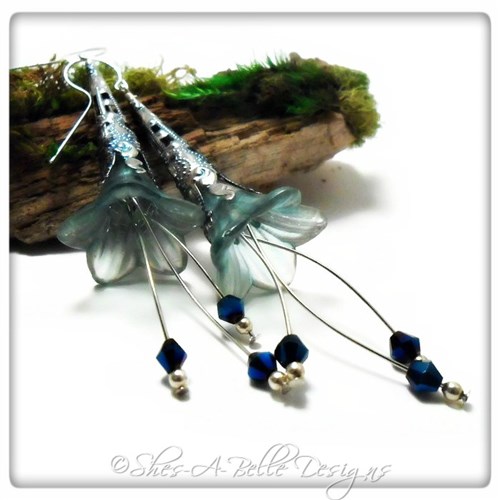 Sky Fairy Flower Trumpet Cascade Earrings in Bright Silver, Lucite Flower Earrings Sky Fairy Flower Trumpet Cascade Earrings in Bright Silver, Lucite Flower Earrings