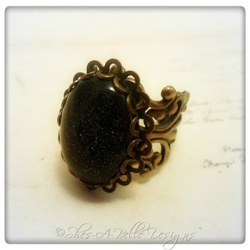 Starlight Holographic Ring in Antique Bronze, Adjustable, Hand-painted Stone Starlight Holographic Ring in Antique Bronze, Adjustable, Hand-painted Stone
