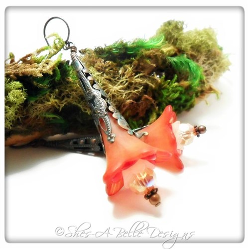 Strawberry Fairy Flower Trumpet Earrings in Antique Copper Patina, Lucite Flower Earrings Strawberry Fairy Flower Trumpet Earrings in Antique Copper Patina, Lucite Flower Earrings