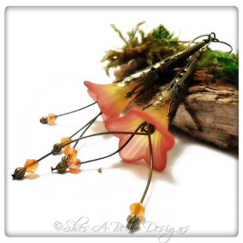 Sunset Fairy Flower Trumpet Cascade Earrings in Antique Bronze, Lucite Flower Earrings Sunset Fairy Flower Trumpet Cascade Earrings in Antique Bronze, Lucite Flower Earrings