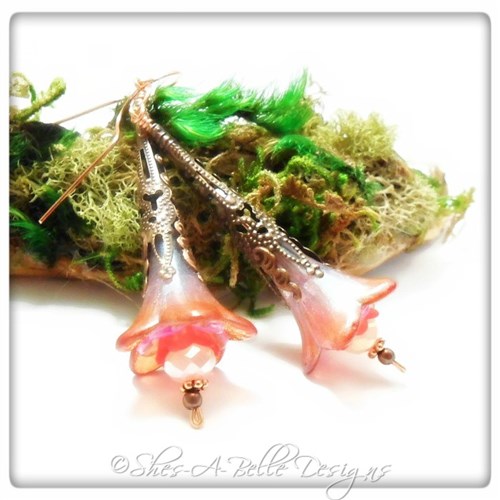 Sweet Pea Fairy Flower Trumpet Earrings in Antique Copper, Lucite Flower Earrings Sweet Pea Fairy Flower Trumpet Earrings in Antique Copper, Lucite Flower Earrings