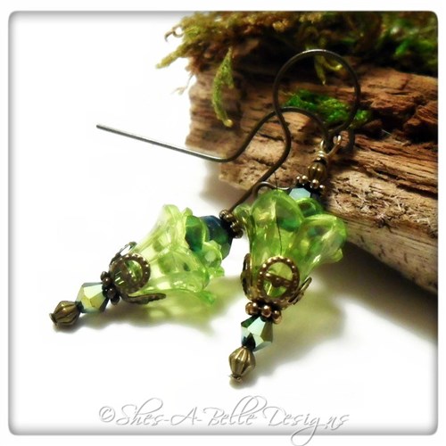 Tree Sprite Fairy Flower Upside Down Drop Earrings in Antique Bronze, Lucite Flower Earrings Tree Sprite Fairy Flower Upside Down Drop Earrings in Antique Bronze, Lucite Flower Earrings