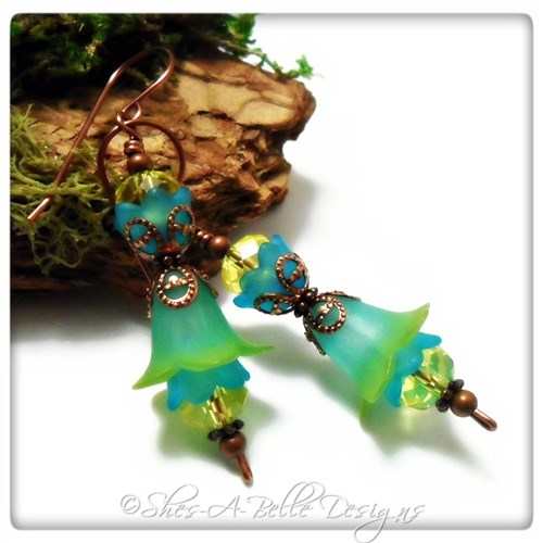 Tropics Fairy Flower Double Drop Earrings in Antique Copper, Lucite Flower Earrings Tropics Fairy Flower Double Drop Earrings in Antique Copper, Lucite Flower Earrings