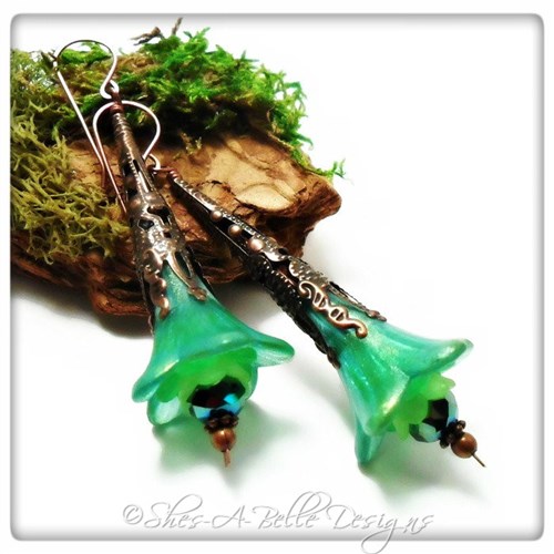 Tropics Fairy Flower Trumpet Earrings in Antique Copper, Lucite Flower Earrings Tropics Fairy Flower Trumpet Earrings in Antique Copper, Lucite Flower Earrings