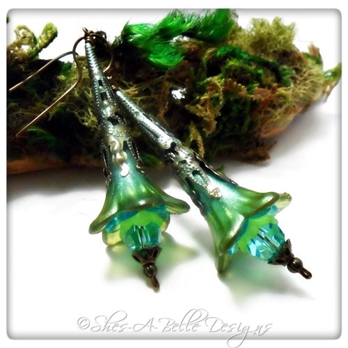 Tropics Fairy Flower Trumpet Earrings in Colorized Antique Bronze, Lucite Flower Earrings Tropics Fairy Flower Trumpet Earrings in Colorized Antique Bronze, Lucite Flower Earrings