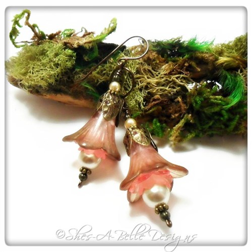 Victorian Rose Fairy Flower Trumpet Drop Earrings in Antique Bronze, Lucite Flower Earrings Victorian Rose Fairy Flower Trumpet Drop Earrings in Antique Bronze, Lucite Flower Earrings