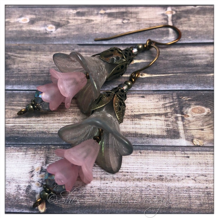 Winter Storm Fairy Flower Trumpet Trail Earrings in Antique Bronze, Lucite Flower Earrings