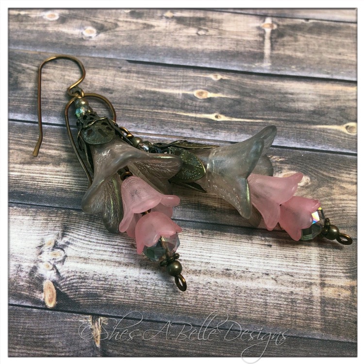 Winter Storm Fairy Flower Trumpet Trail Earrings in Antique Bronze, Lucite Flower Earrings