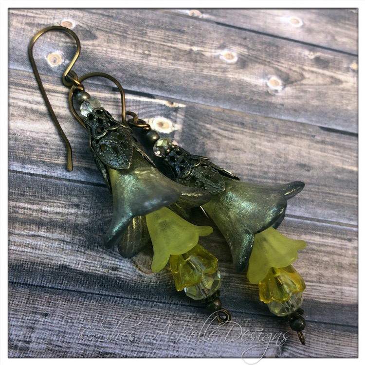 Blueberry Lemonade Fairy Flower Trumpet Trail Earrings in Antique Bronze, Lucite Flower Earrings