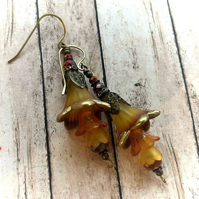 Autumn Fairy Flower Trumpet Trail Earrings in Antique Bronze, Lucite Flower Earrings