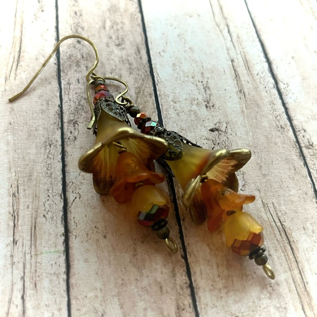 Autumn Fairy Flower Trumpet Trail Earrings in Antique Bronze, Lucite Flower Earrings