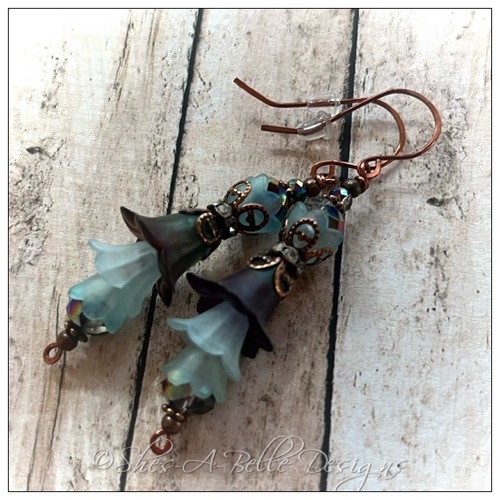 Blue Spruce Fairy Flower Vine Earrings in Antique Copper, Lucite Flower Earrings