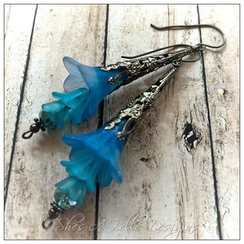 Morning Glory Fairy Flower Trumpet Drop Earrings in Antique Silver, Lucite Flower Earrings