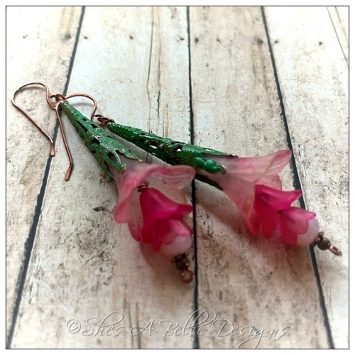 Apple Blossom Fairy Flower Trumpet Drop Earrings in Antique Copper Patina, Lucite Flower Earrings