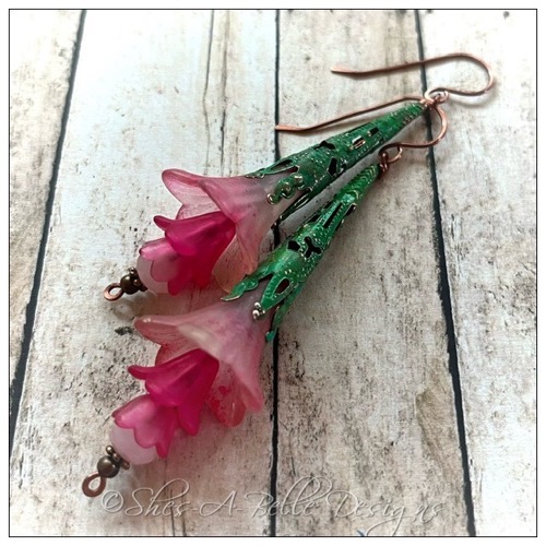 Apple Blossom Fairy Flower Trumpet Drop Earrings in Antique Copper Patina, Lucite Flower Earrings