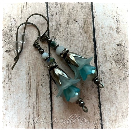 Wintergreen Fairy Flower Drop Earrings in Antique Silver, Lucite Flower Earrings