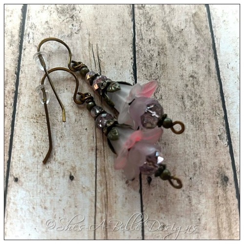 French Lilac Fairy Flower Drop Earrings in Antique Bronze, Lucite Flower Earrings