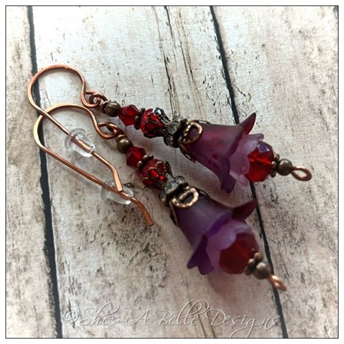 Blackberry Fairy Flower Drop Earrings in Antique Copper, Lucite Flower Earrings